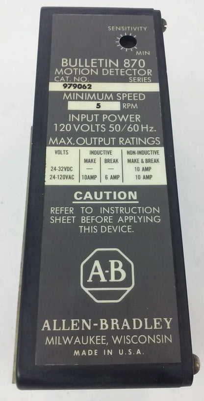 ALLEN BRADLEY 979062, MOTION DETECTOR, 5 RPM MINIMUM SPEED ,120V 50/60HZ 10A