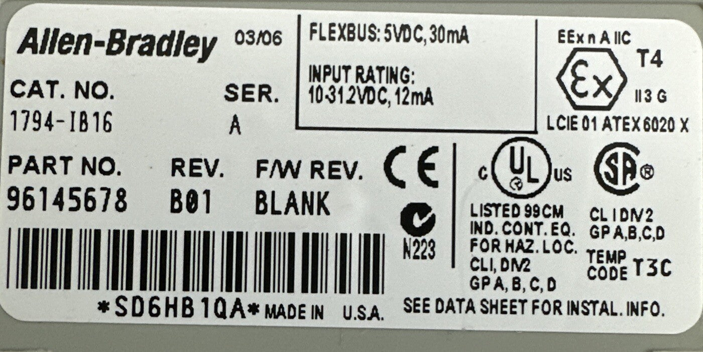 ALLEN BRADLEY 1794-IB16 24VDC SINK INPUT MODULE SER A REV B01 F/W REV BLANK