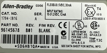 ALLEN BRADLEY 1794-IB16 24VDC SINK INPUT MODULE SER A REV B01 F/W REV BLANK