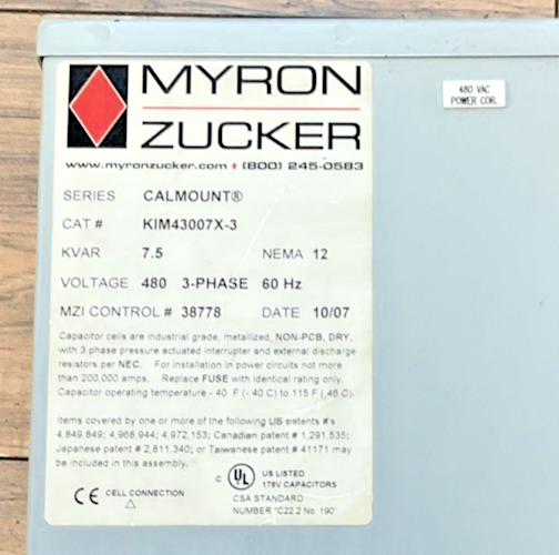 MYRON ZUCKER KIM43007X-3 POWER CAPACITOR 7.5KVAR 480V 60HZ 3PH