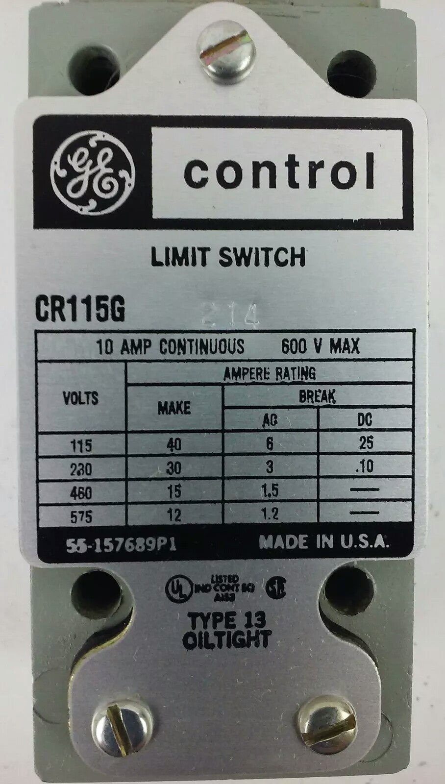 GE, CR115G214, LIMIT SWITCH, 600V MAX, 10 AMP, 600V MAX, 2 NO- 1 NC CONTACT, NEW