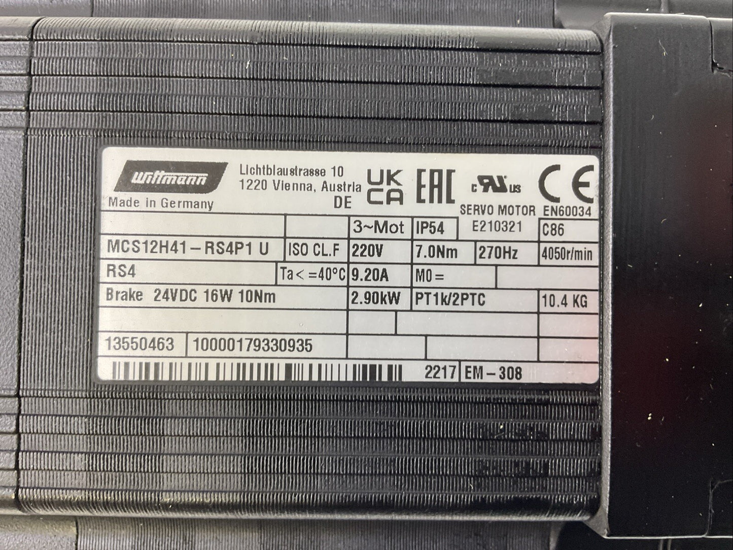 WITTMANN MCS12H41-RS4P1 U AC SERVO MOTOR 220VAC 4050 R/MIN