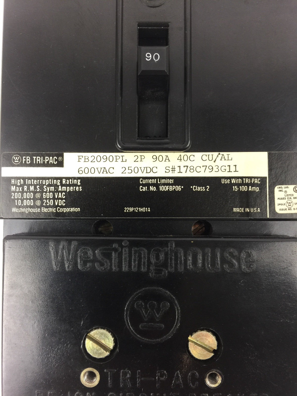 WESTINGHOUSE FB2090PL TRI PAC CKT BRKR 2P 90A 40C 600 VAC 250 VDC