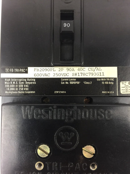 WESTINGHOUSE FB2090PL TRI PAC CKT BRKR 2P 90A 40C 600 VAC 250 VDC