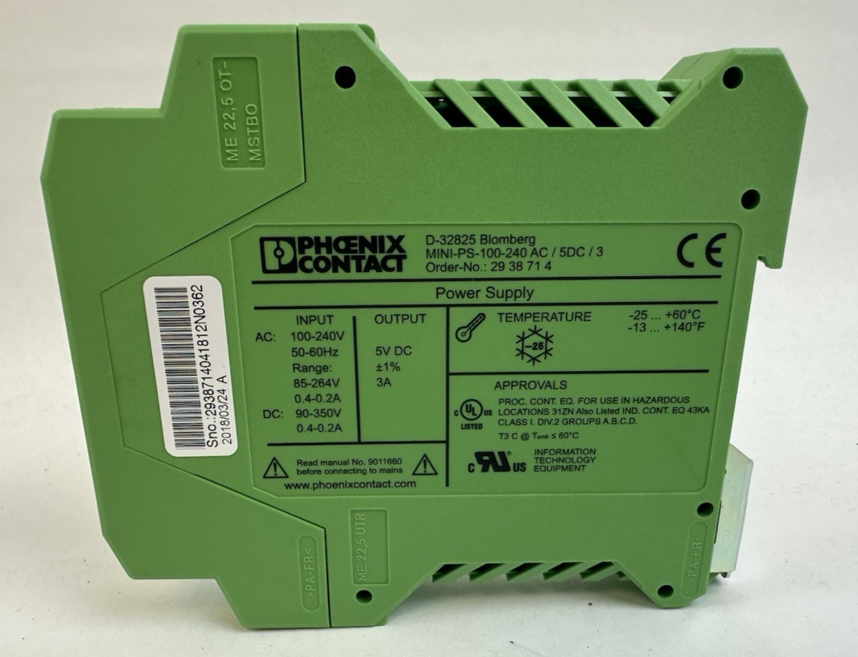 PHOENIX CONTACT MINI-PS-100-240AC/5DC/3 2938714 DIN RAIL POWER SUPPLY