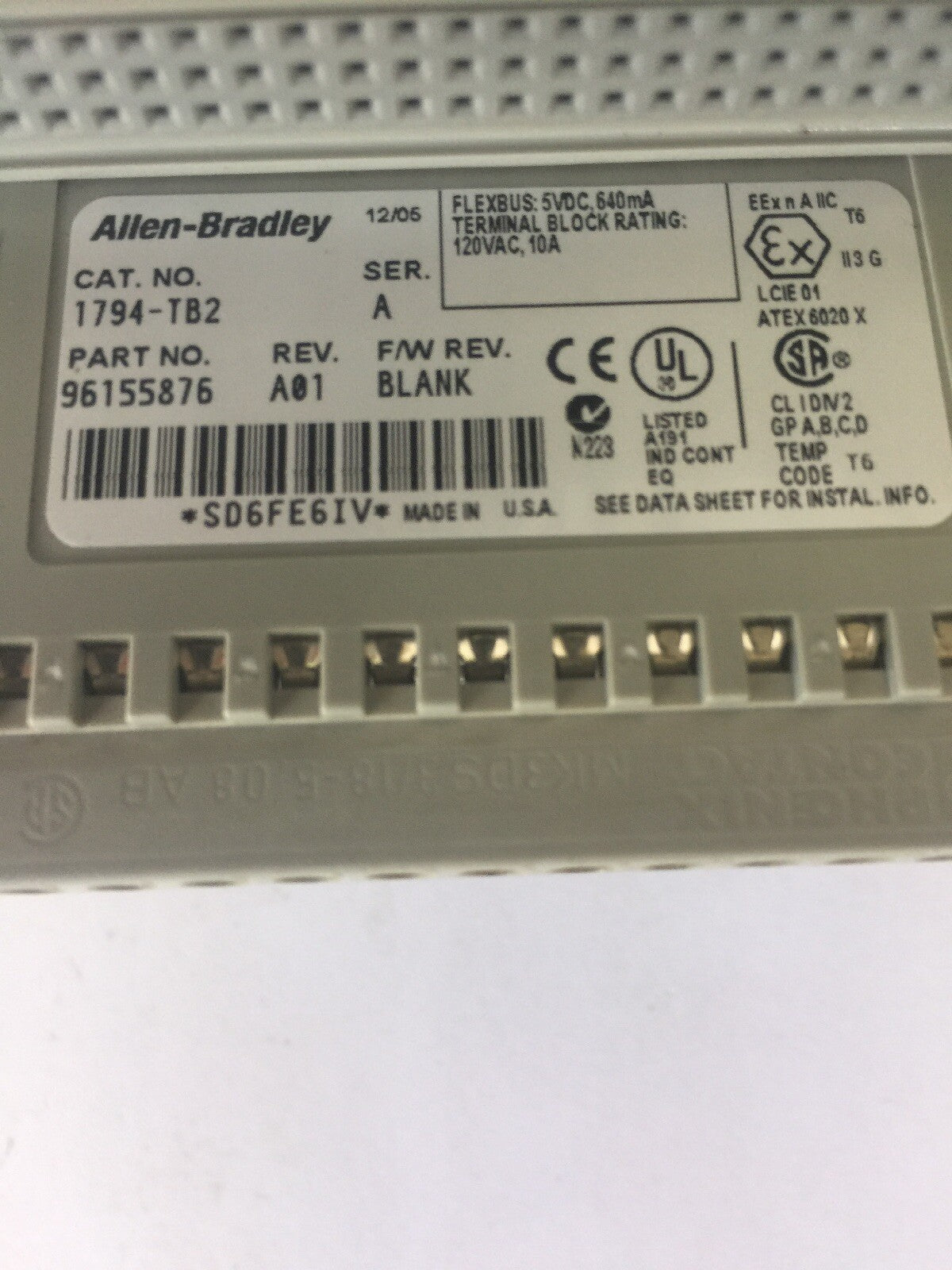ALLEN BRADLEY 1794-TB2 I/O TERMINAL BLOCK SER A REV A01 F/W REV BLANK 5VDC