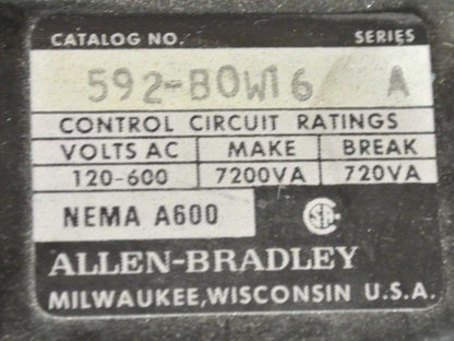 ALLEN-BRADLEY 592-BOW16 OVERLOAD RELAY 120-600VAC - MAKE 7200VA, BREAK 720VA
