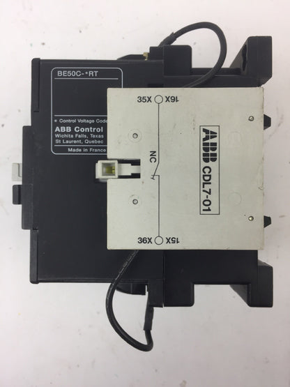 ABB BE50 CONTACTOR 600V 65A 3 POLE COIL 24VDC WITH CA L7 & CD L7 AUXILIARY CONTA