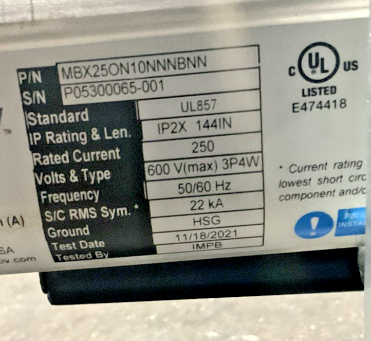 VERTIV POWERBAR iMPB BUSWAY 10' 8X30A , 2X20A BUS PLUGS UL857 208/120V EI GROUP