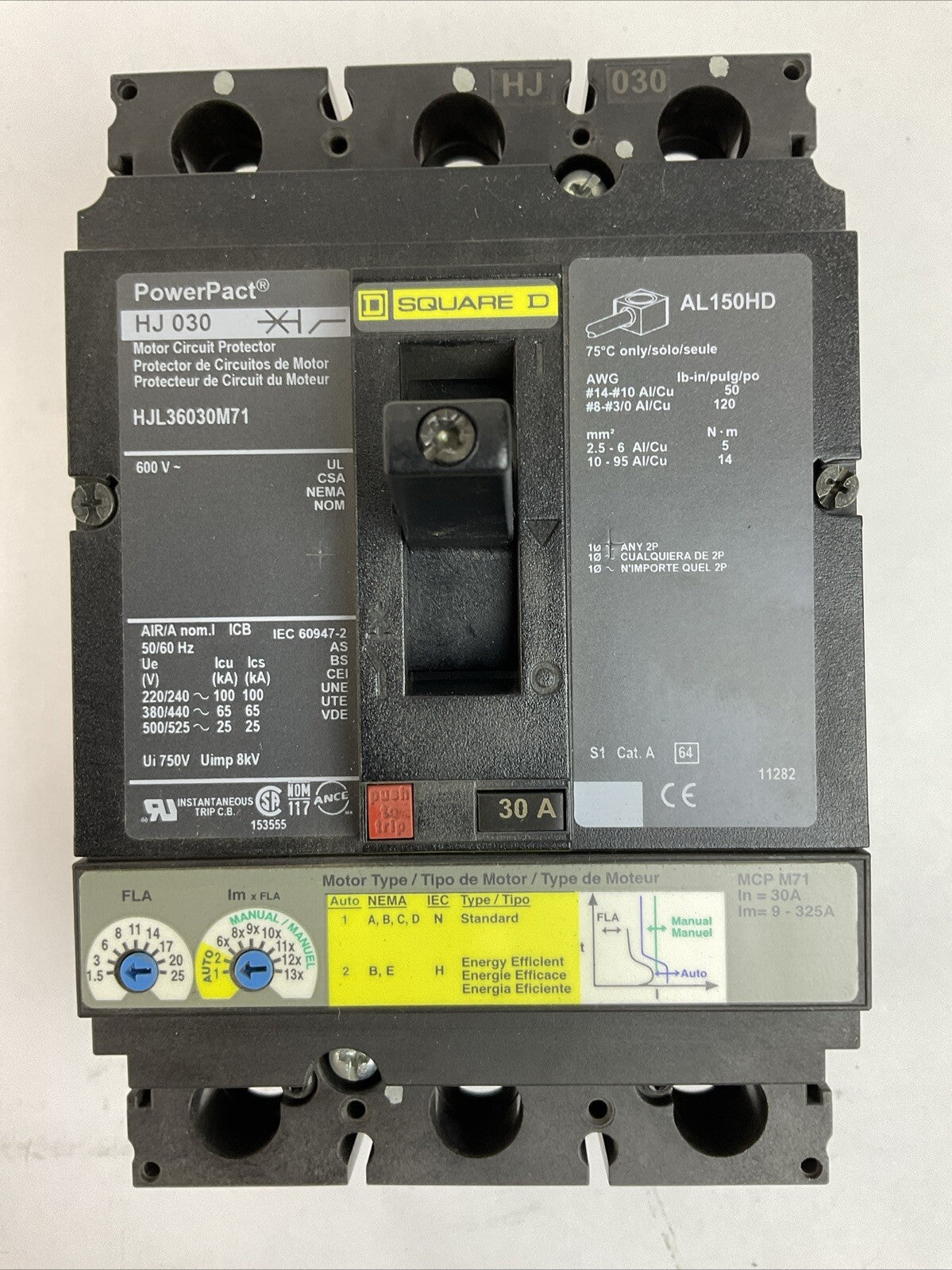 SQUARE D HJL36030M71 POWERPACT MOTOR CIRCUIT BREAKER 30A 600VAC 3POLE