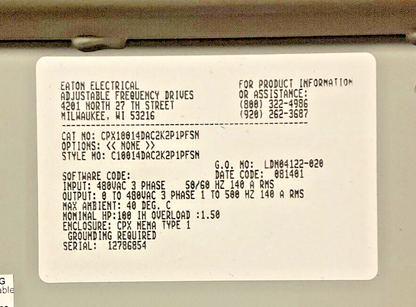 EATON CPX10014DAC2K2P1PFSN PULSE DRIVE 480VAC 3PH 50/60HZ W/ SVX100A1-4A1N1 VFD