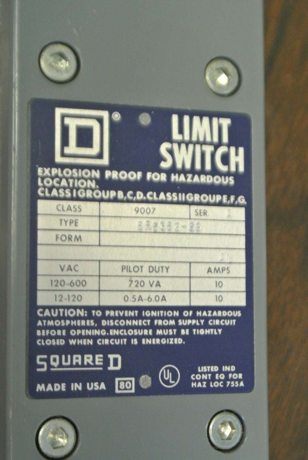SQUARE D 9007 BR53B2-S9 HEAVY DUTY LIMIT SWITCH