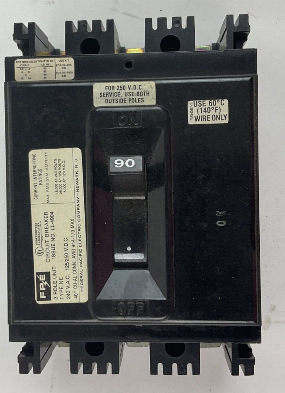 FEDERAL PACIFIC NE234090 CIRCUIT BREAKER 3POLE 90A 240VAC 125/250VDC