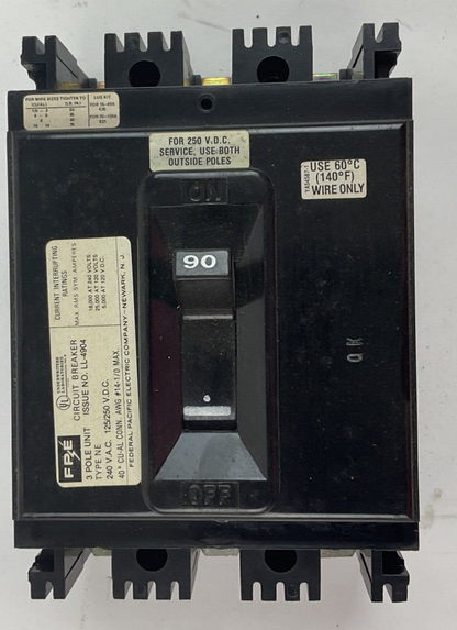 FEDERAL PACIFIC NE234090 CIRCUIT BREAKER 3POLE 90A 240VAC 125/250VDC
