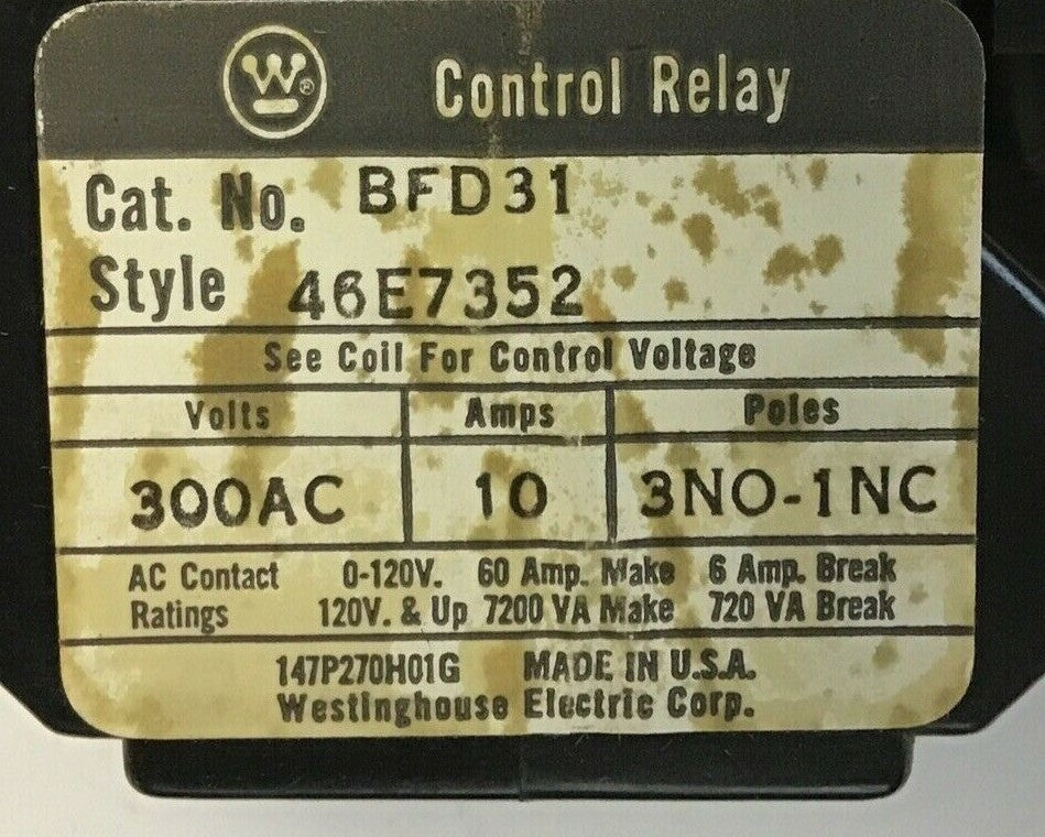 WESTINGHOUSE BFD31 CONTROL RELAY 300AC 10AMPS 3NO-1NC