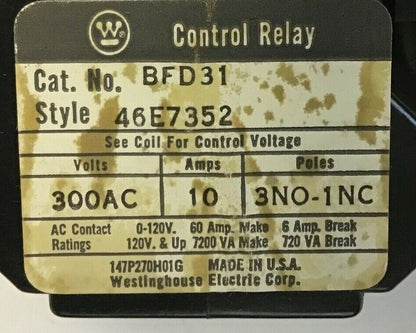 WESTINGHOUSE BFD31 CONTROL RELAY 300AC 10AMPS 3NO-1NC