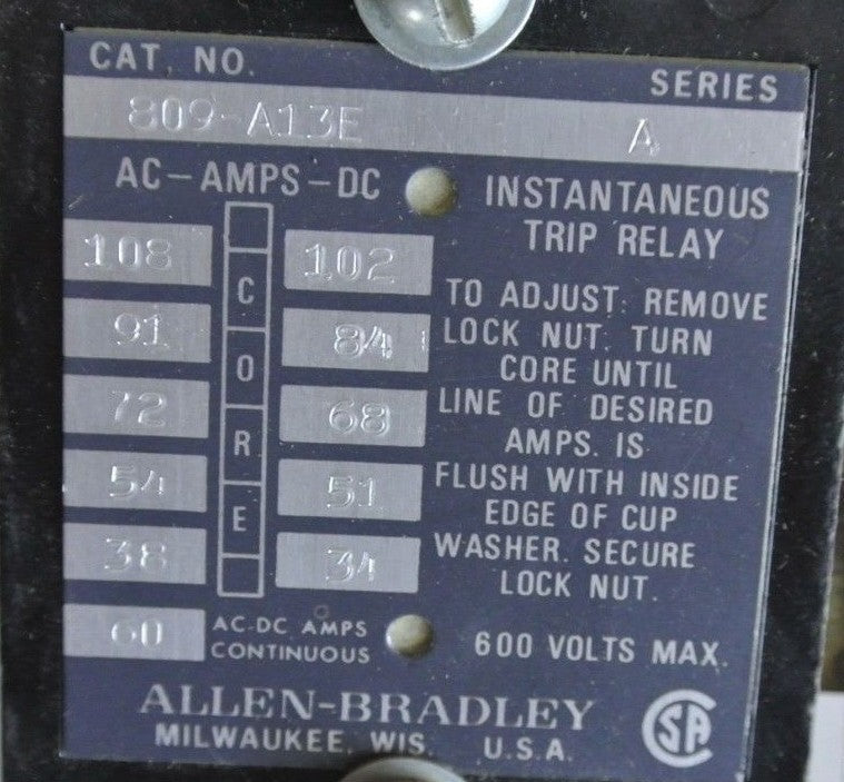 ALLEN-BRADLEY 809-A13E - INSTANTANEOUS TRIP CURRENT RELAY 60A  NEW SURPLUS