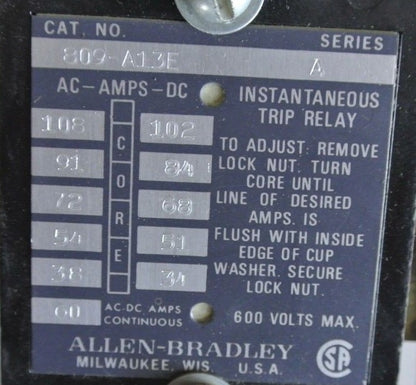 ALLEN-BRADLEY 809-A13E - INSTANTANEOUS TRIP CURRENT RELAY 60A  NEW SURPLUS