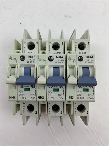 ALLEN BRADLEY 1489-A1D200 CIRCUIT BREAKER 1P 20A 277VAC 1489-AAHH3 (LOT OF 3)