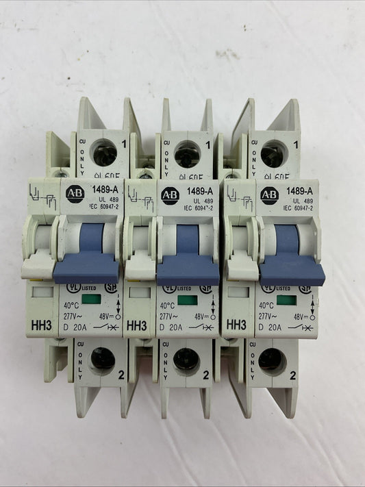 ALLEN BRADLEY 1489-A1D200 CIRCUIT BREAKER 1P 20A 277VAC 1489-AAHH3 (LOT OF 3)