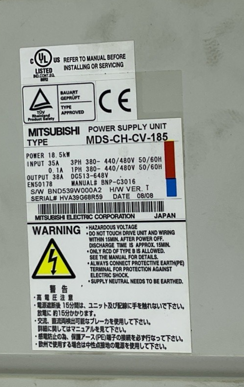 MITSUBISHI MDS-CH-CV-185 POWER SUPPLY UNIT 18.5KW 648V H/W VER.T 50/60HZ 35A