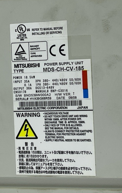 MITSUBISHI MDS-CH-CV-185 POWER SUPPLY UNIT 18.5KW 648V H/W VER.T 50/60HZ 35A