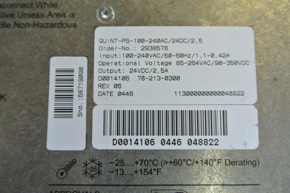 PHOENIX CONTACT 2938578 / QUINT-PS-100-240AC/24DC/2,5 - POWER SUPPLY 24VDC 10A
