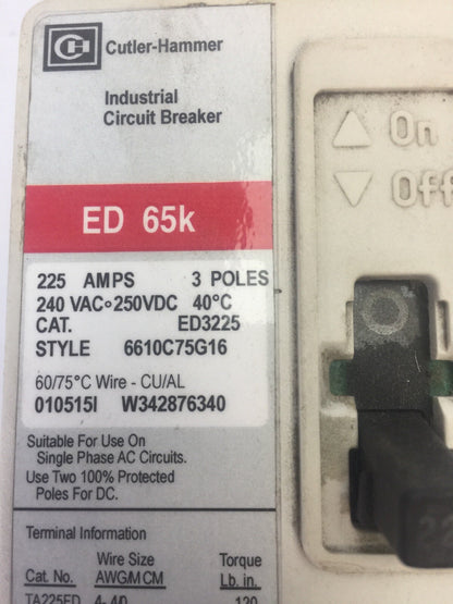 CUTLER HAMMER ED3225 INDUSTRIAL CIRCUIT BREAKER 225AMPS 240VAC 250VDC 3 POLES