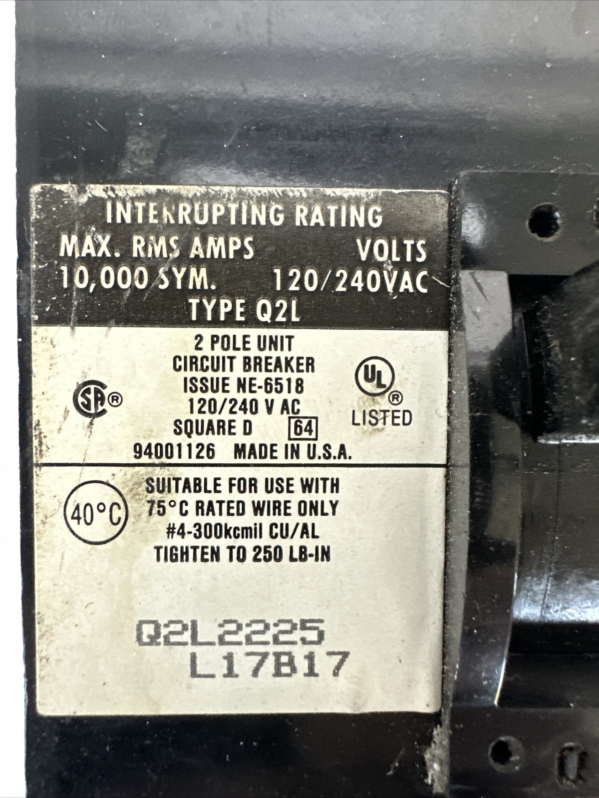 SQUARE D Q2L2225 CIRCUIT BREAKER 225AMP 2POLE 120/240VAC