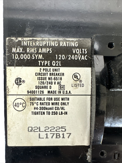 SQUARE D Q2L2225 CIRCUIT BREAKER 225AMP 2POLE 120/240VAC
