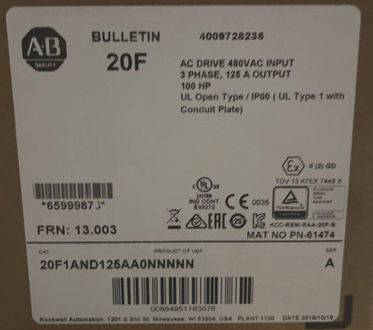 ALLEN BRADLEY 20F1AND125AA0NNNNN 480VAC INPUT 125A OUTPUT 100HP SER A FRN 13.003