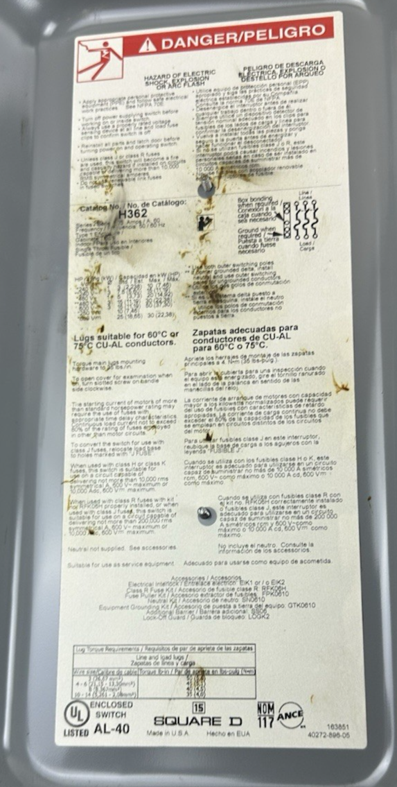 SQUARE D H362 HEAVY DUTY SAFETY SWITCH 600 VOLT 60 AMP