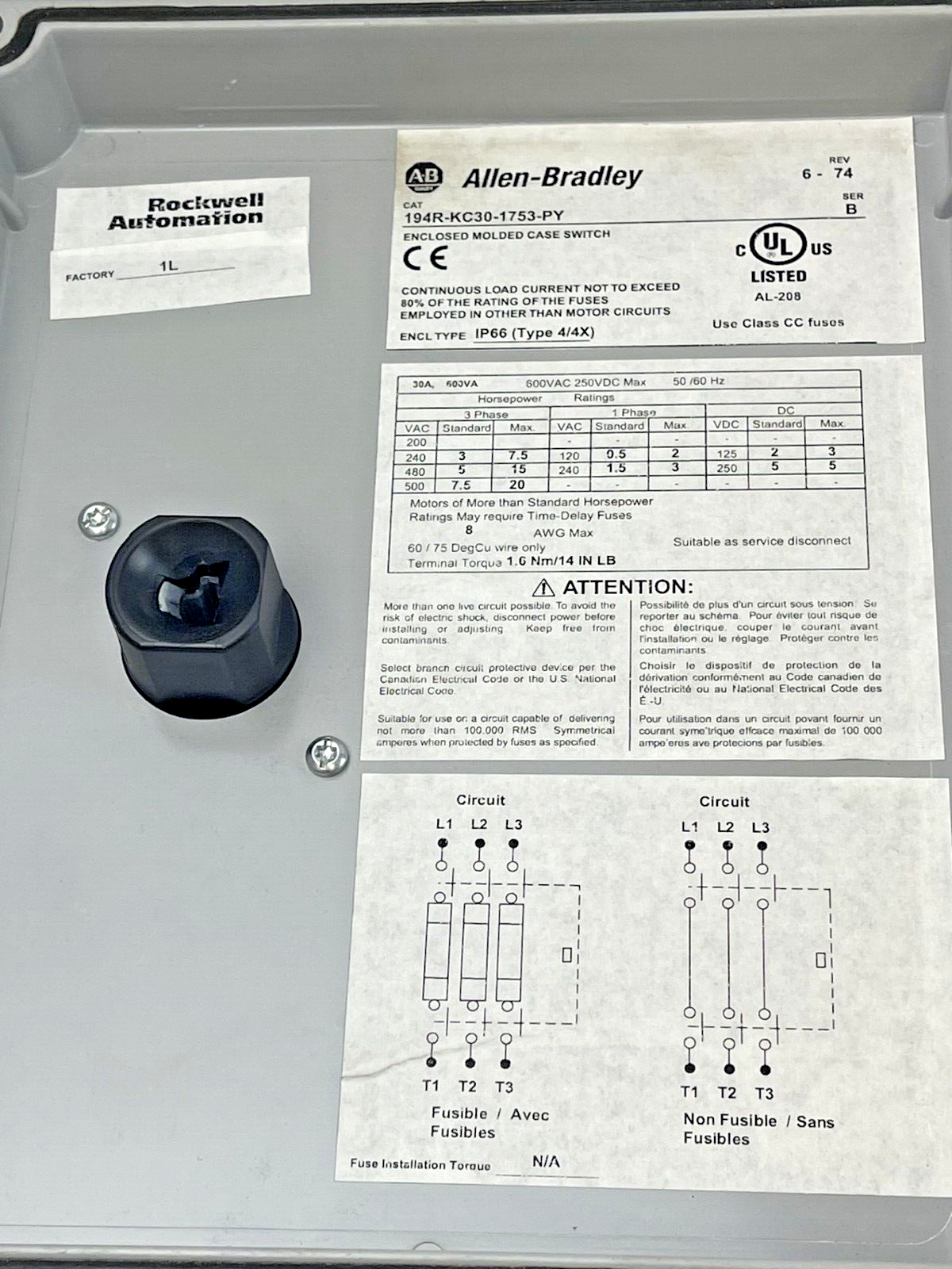 ALLEN-BRADLEY - 194R-KC30-1753-PY SER.B - ENCLOSED MOLDED CASE SWITCH REV. 6-74