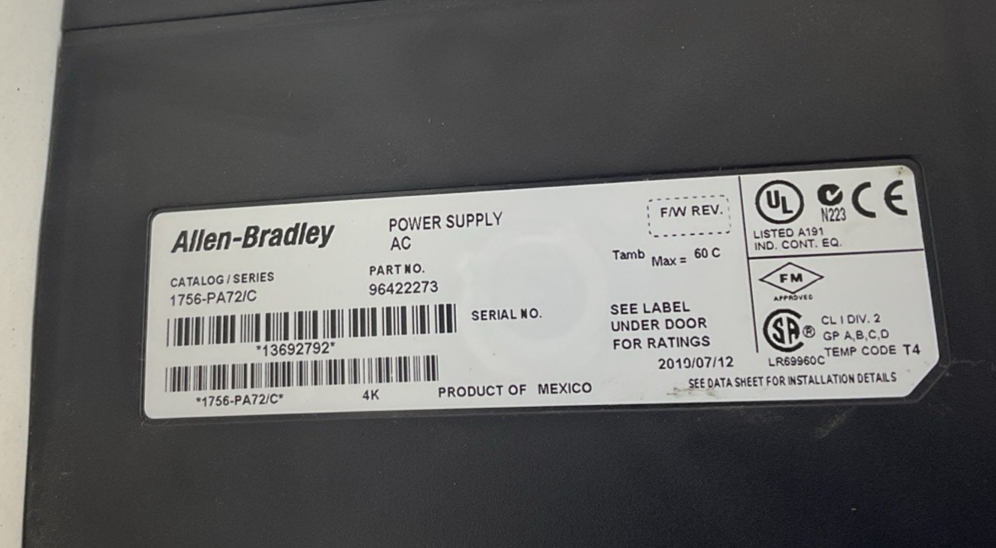 ALLEN BRADLEY 1756-PA72/C POWER SUPPLY W/ 1756-A13 13 SLOT RACK