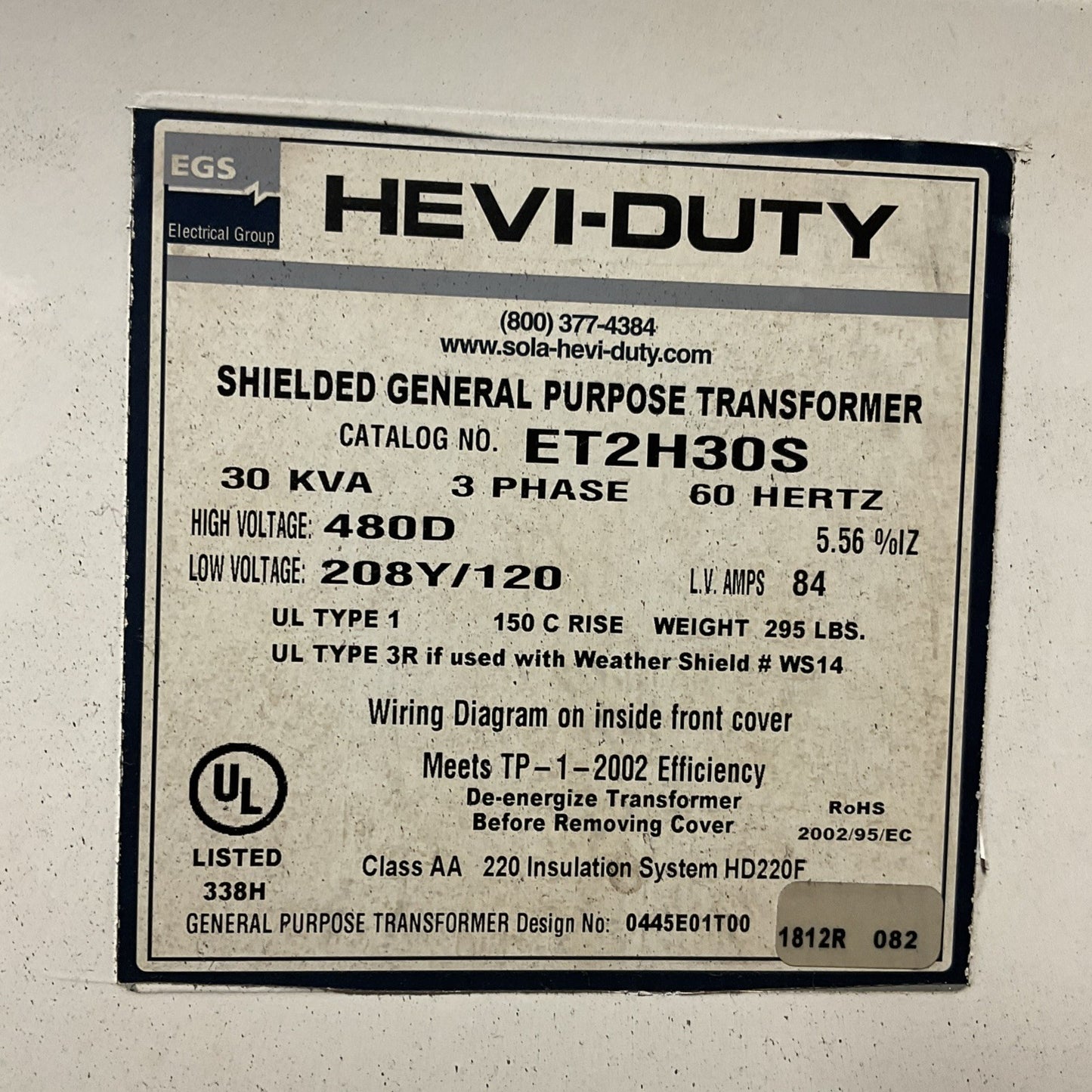 EGS HEVI-DUTY ET2H30S 30KVA 3PH 60HZ HV 480D LV208Y/120 LV AMPS 84 TRANSFORMER