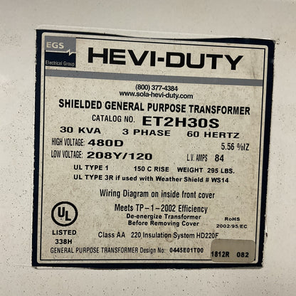EGS HEVI-DUTY ET2H30S 30KVA 3PH 60HZ HV 480D LV208Y/120 LV AMPS 84 TRANSFORMER