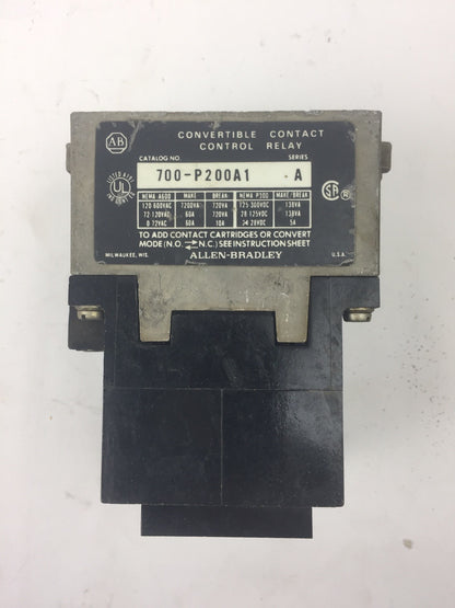 ALLEN BRADLEY 700-P200A1 AC CONTROL RELAY SERIES A COIL 230-240V 60HZ 220V 50HZ
