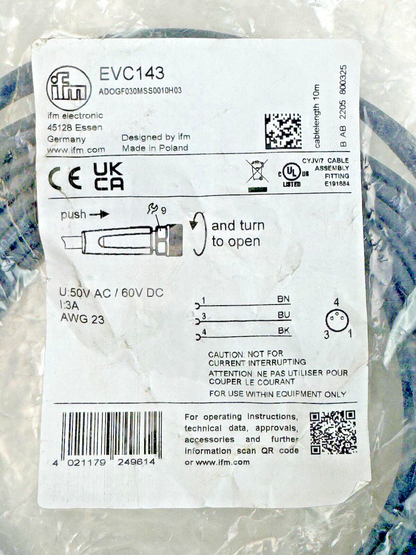 IFM - EVC143 - 3 WIRE PICO M8 CORDSET STRAIGHT CONNECTOR 10M CABLE - NEW