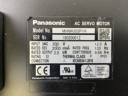 PANASONIC MHMA202P1H AC SERVO MOTOR REV 2000 R/MIN INPUT 200VAC OUTPUT 2.0 kW