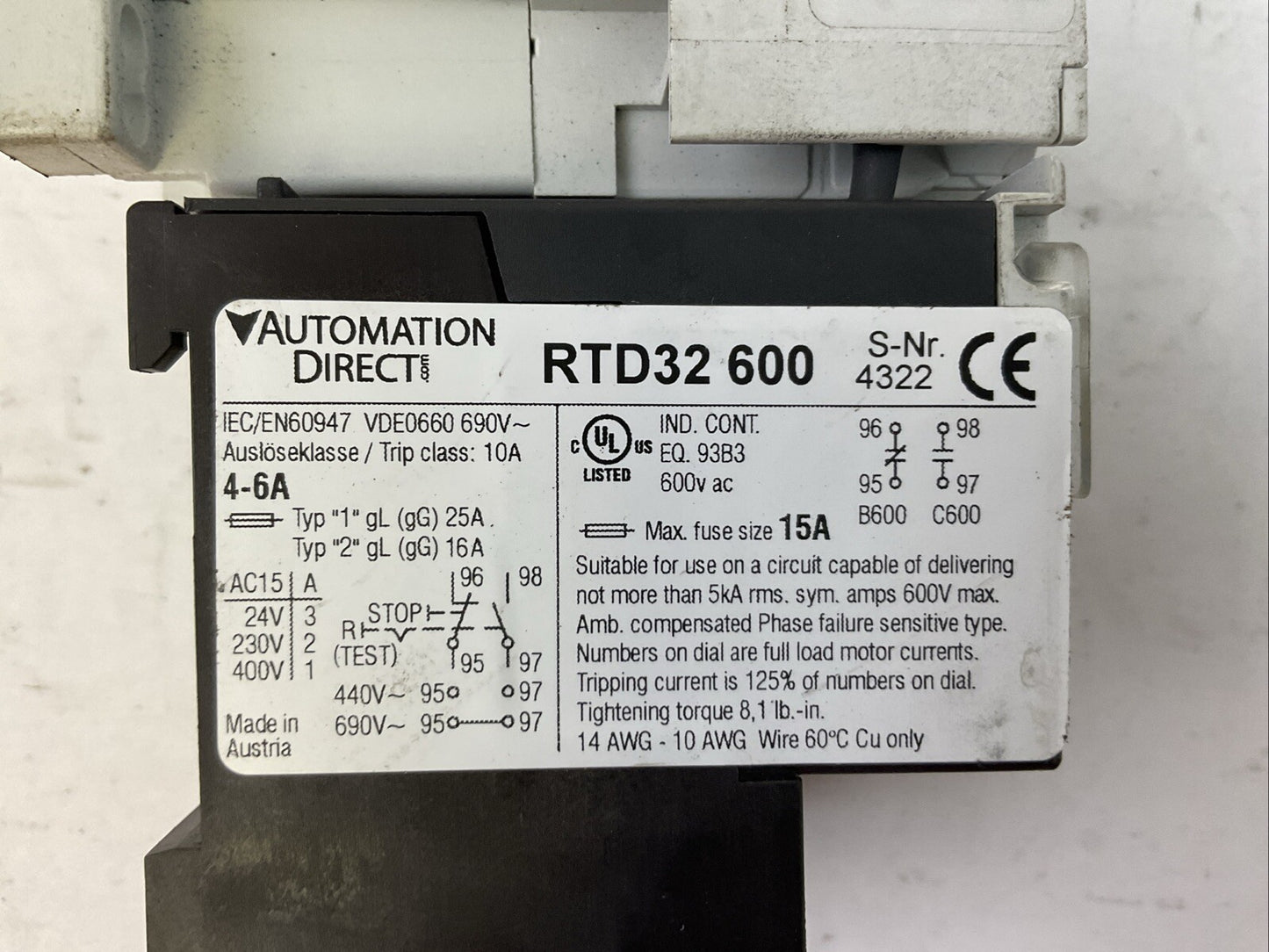 AUTOMATIONDIRECT STARTER (GH15BN CONTACTOR COIL 110-120V + RTD32 600 RELAY 4-6A)
