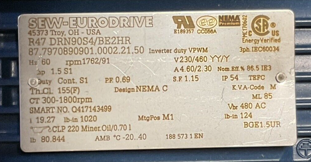 SEW-EURODRIVE R47 DRN90S4/BE2HR GEAR MOTOR HZ 60 rpm 1762/91 V230/460 YY/Y