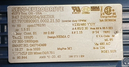 SEW-EURODRIVE R47 DRN90S4/BE2HR GEAR MOTOR HZ 60 rpm 1762/91 V230/460 YY/Y