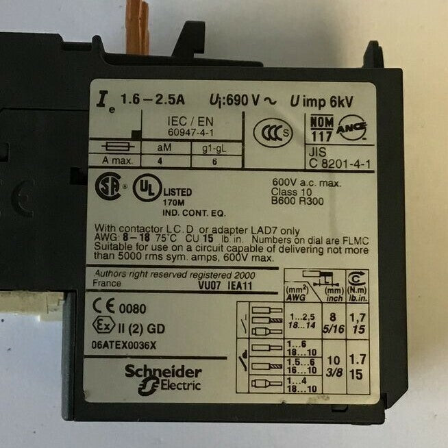 TELEMECANIQUE LRD 07 1.6-2.5A 690VAC 6KV  CLASS 10 OVER LOAD RELAY