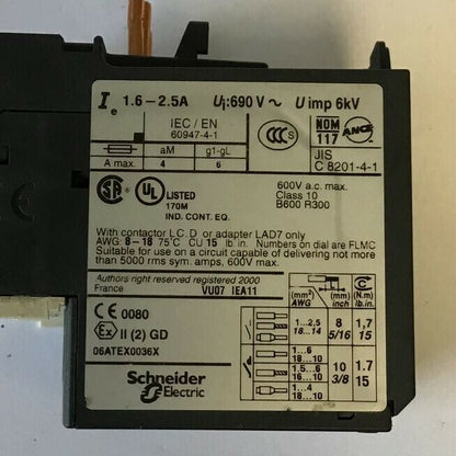TELEMECANIQUE LRD 07 1.6-2.5A 690VAC 6KV  CLASS 10 OVER LOAD RELAY