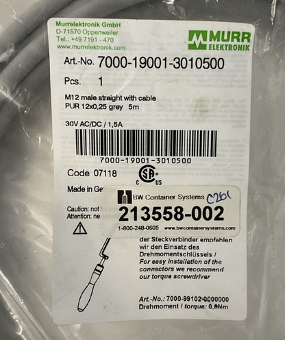 MURR ELEKTRONIK 7000-19001-3010500 CABLE M12 MALE STRAIGHT 5M