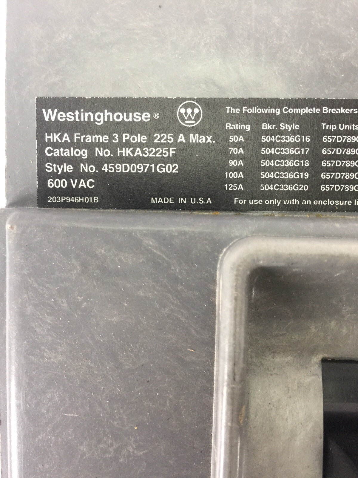 WESTINGHOUSE HKA3225F CIRCUIT BREAKER 600VAC 225A 3 POLE TRIP UNIT 175A