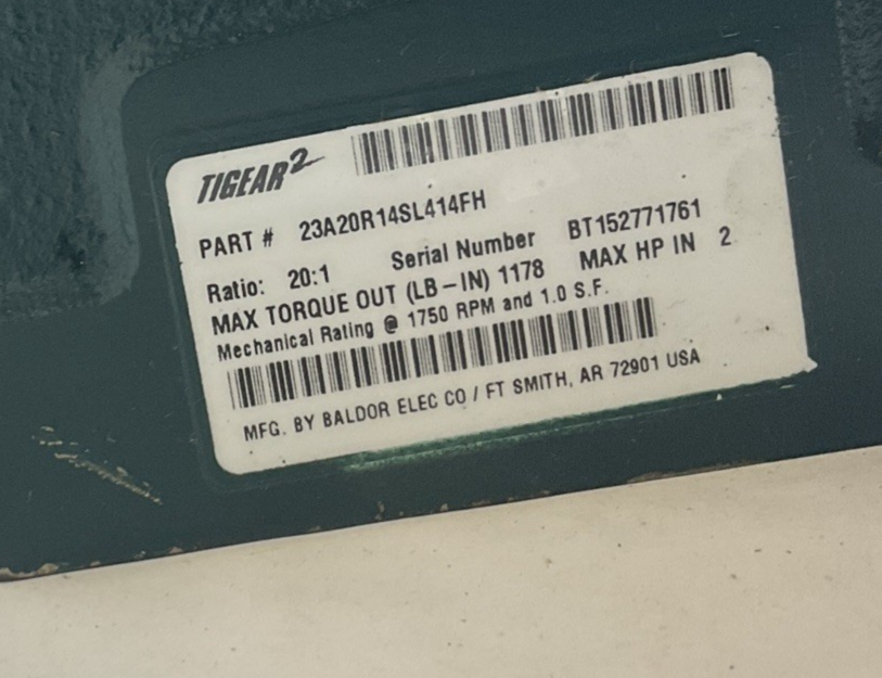 DODGE 23A20R14SL414FH GEAR REDUCER 20:1 1750RPM 2HP *HAS SHELF WEAR*
