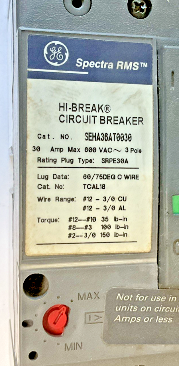 GE SEHA36AT0030 CIRCUIT BREAKER 600VAC 3POLE 30A