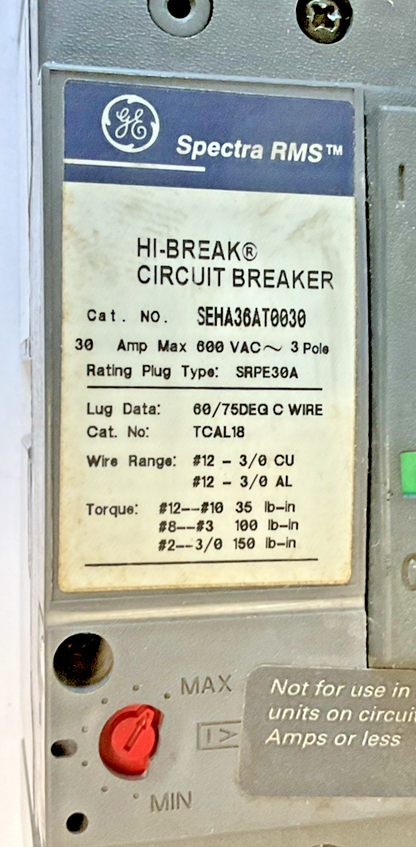GE SEHA36AT0030 CIRCUIT BREAKER 600VAC 3POLE 30A