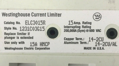 WESTINGHOUSE ELC3015R CURRENT LIMITER 15AMP 600VAC USE ONLY WITH 15A HMCP